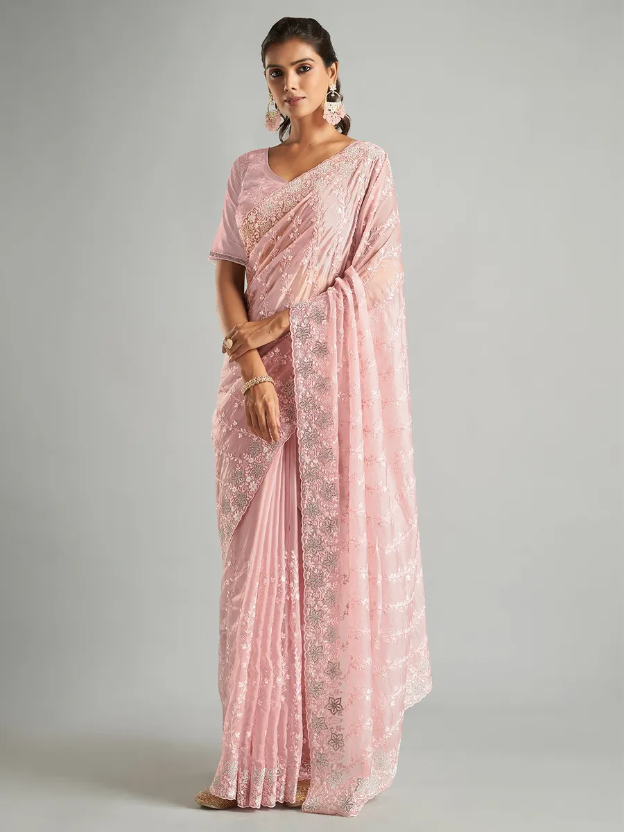 Stylish light pink organza saree