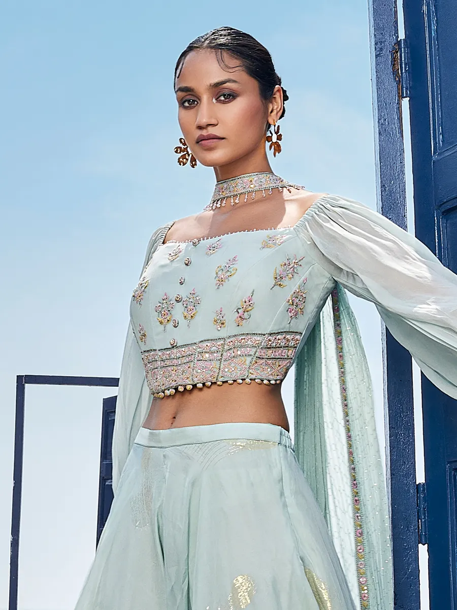 Stylish mint green georgette palazzo suit
