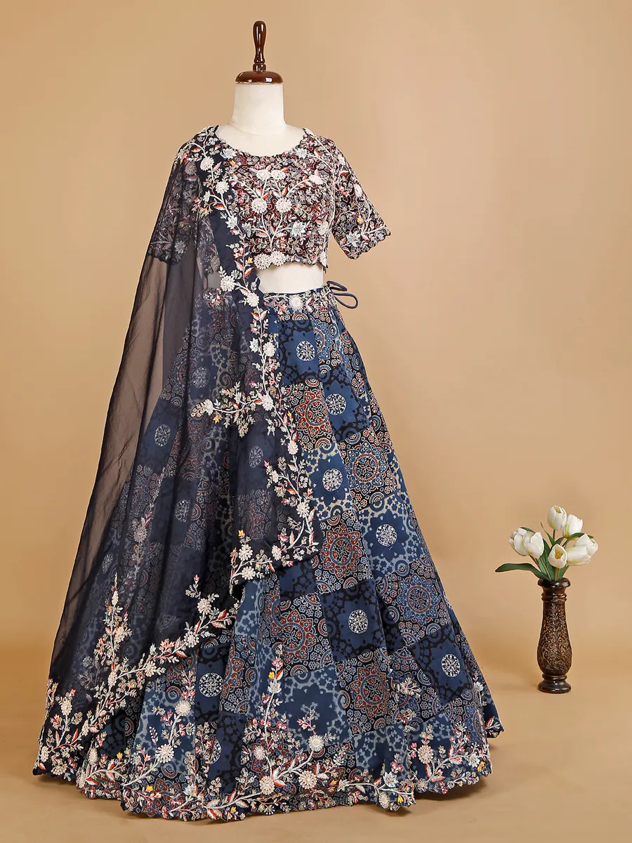 Stylish navy silk printed lehenga choli