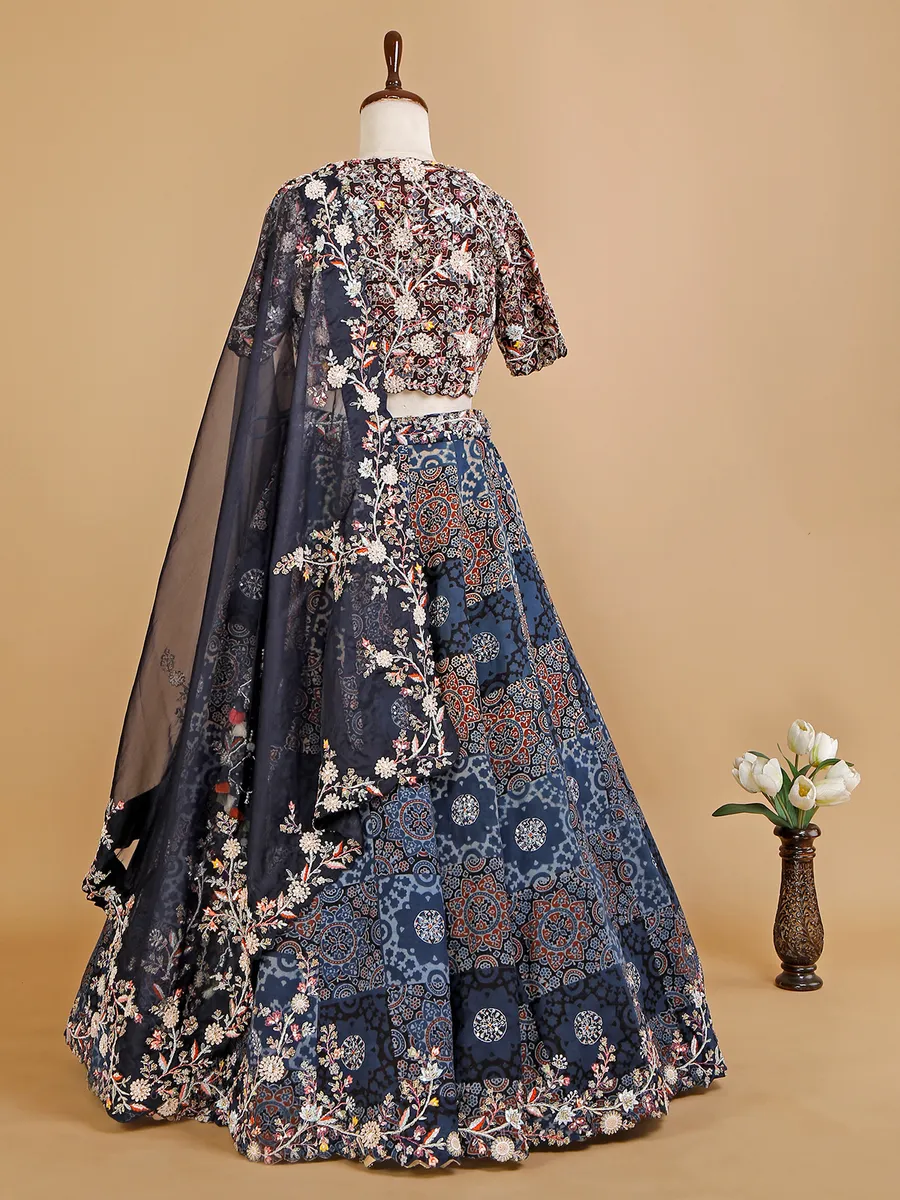 Stylish navy silk printed lehenga choli