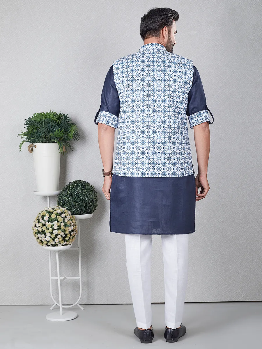 Stylish navy silk printed waistcoat set
