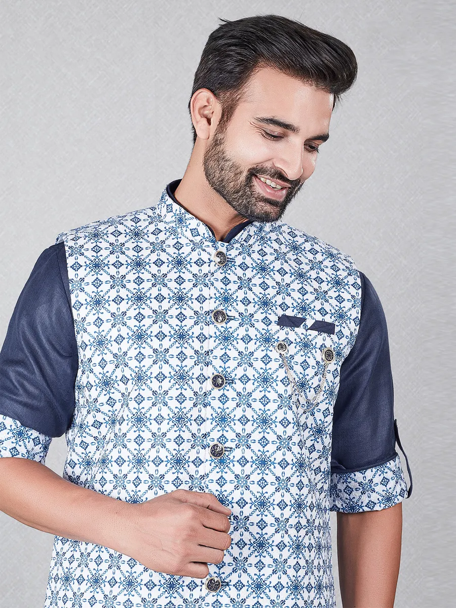 Stylish navy silk printed waistcoat set