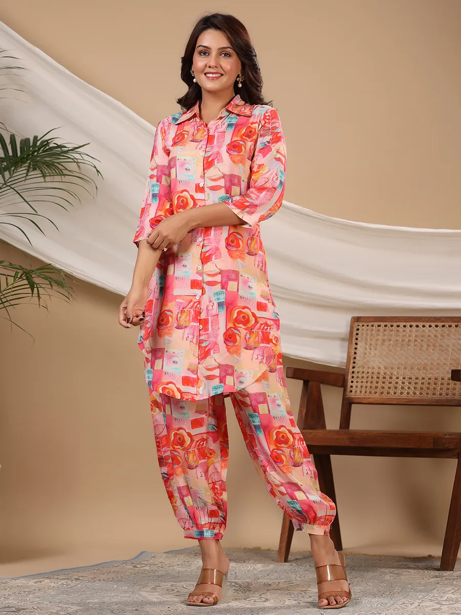 Stylish pink printed silk co ord set