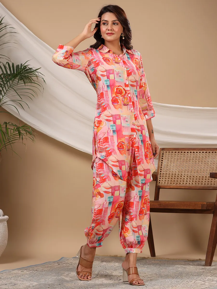 Stylish pink printed silk co ord set