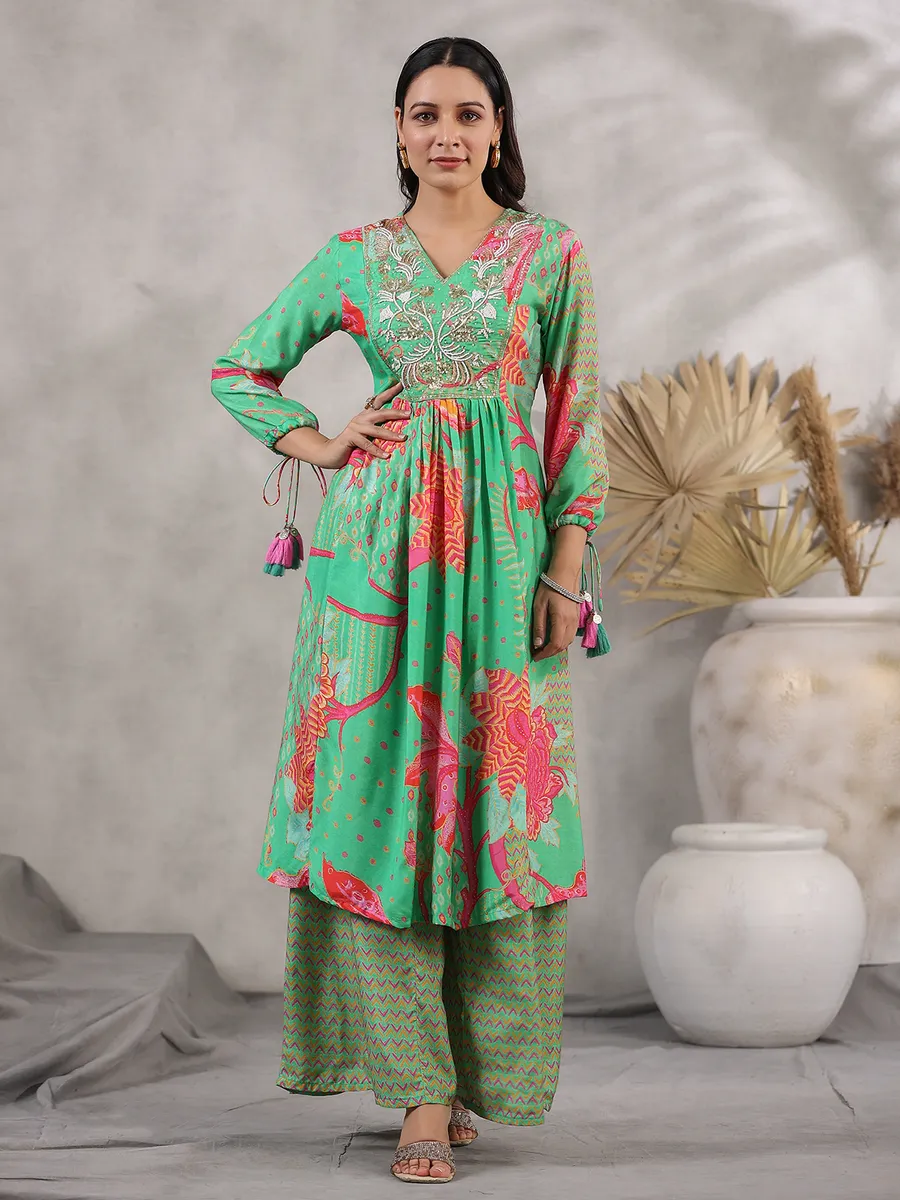 Stylish pista green silk printed palazzo set