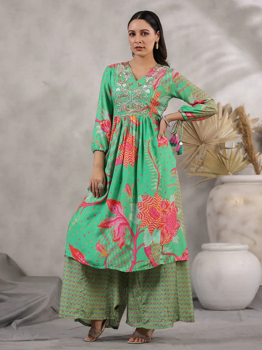 Stylish pista green silk printed palazzo set