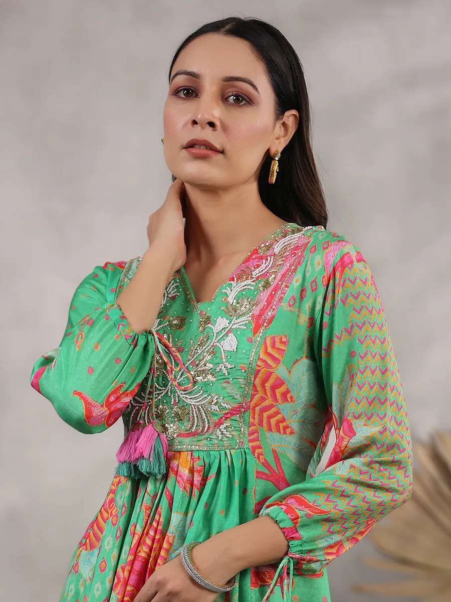 Stylish pista green silk printed palazzo set