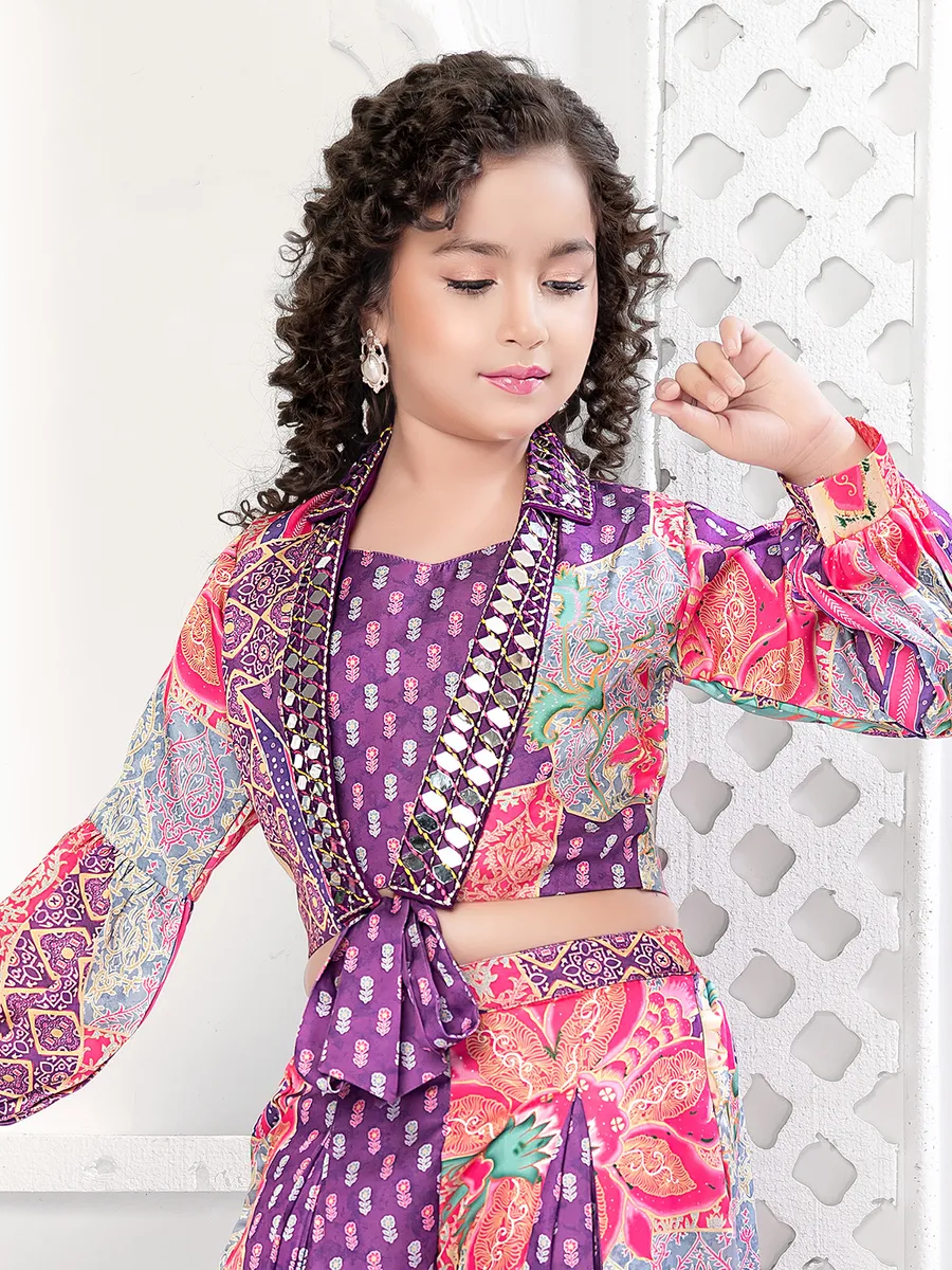 Stylish purple silk printed palazzo suit