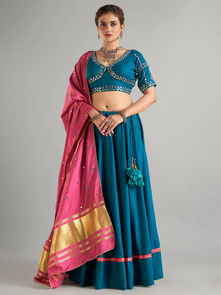 Stylish teal green cotton silk lehenga choli