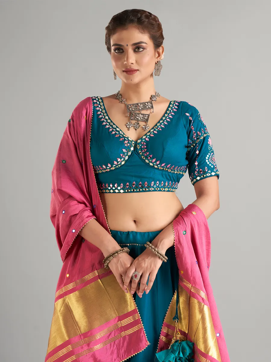 Stylish teal green cotton silk lehenga choli