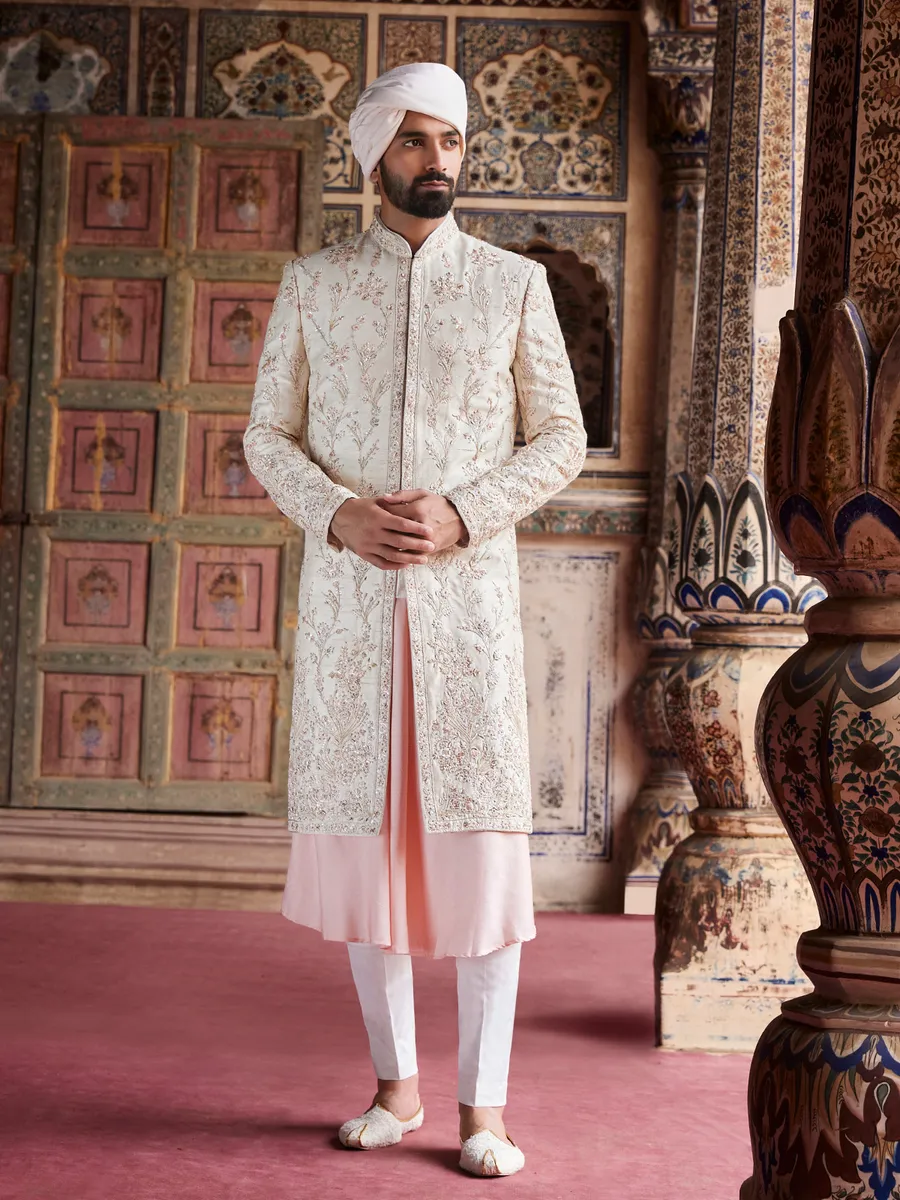 Stylish raw silk cream sherwani