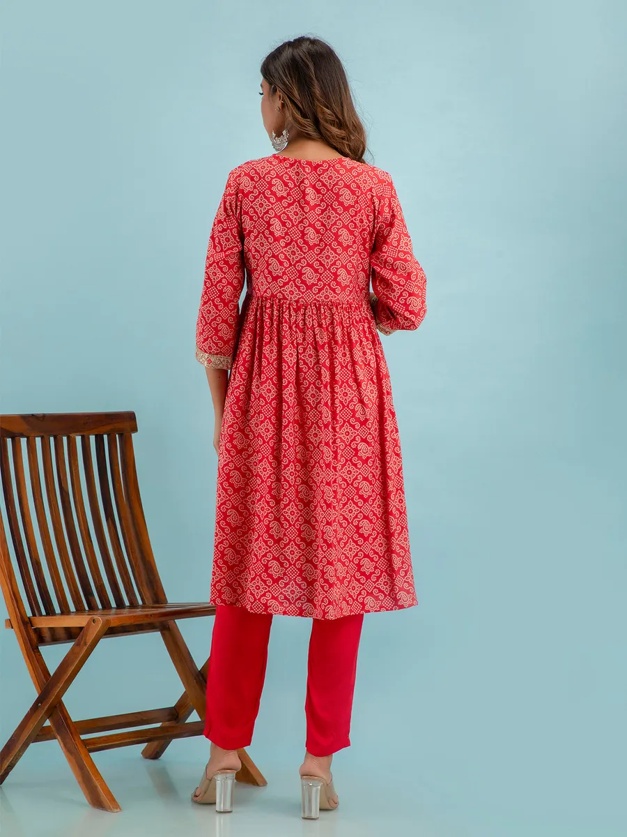 Stylish red cotton printed kurti set