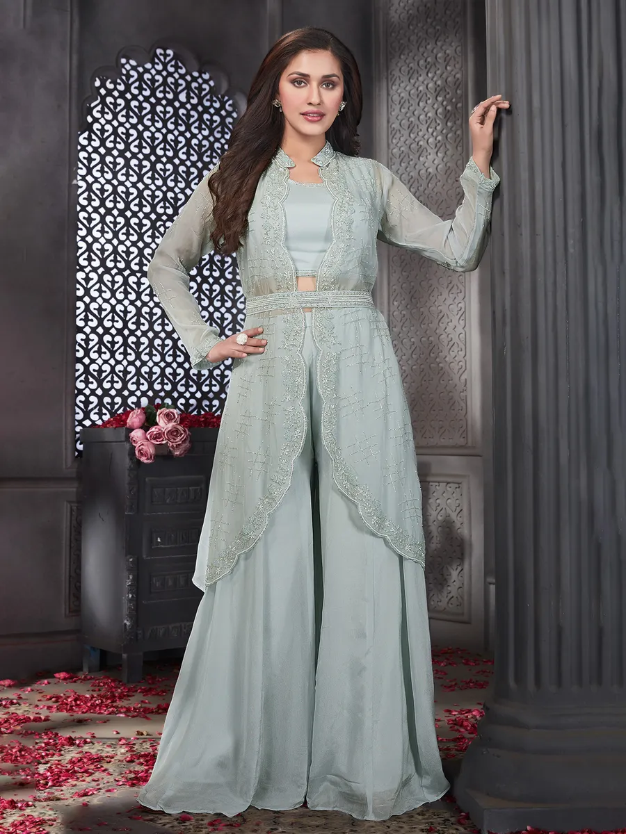 Stylish sea green chiffon palazzo suit