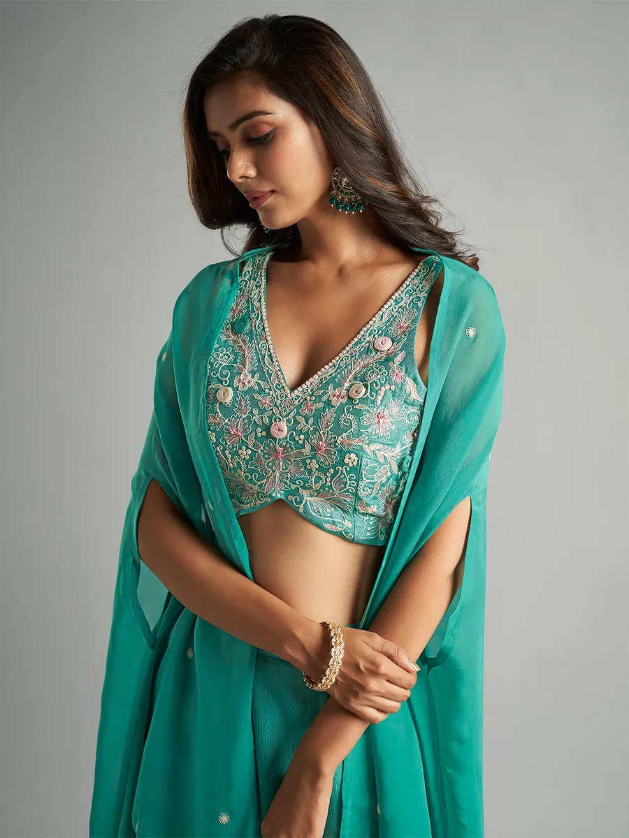 Stylish sea green jacket style palazzo suit