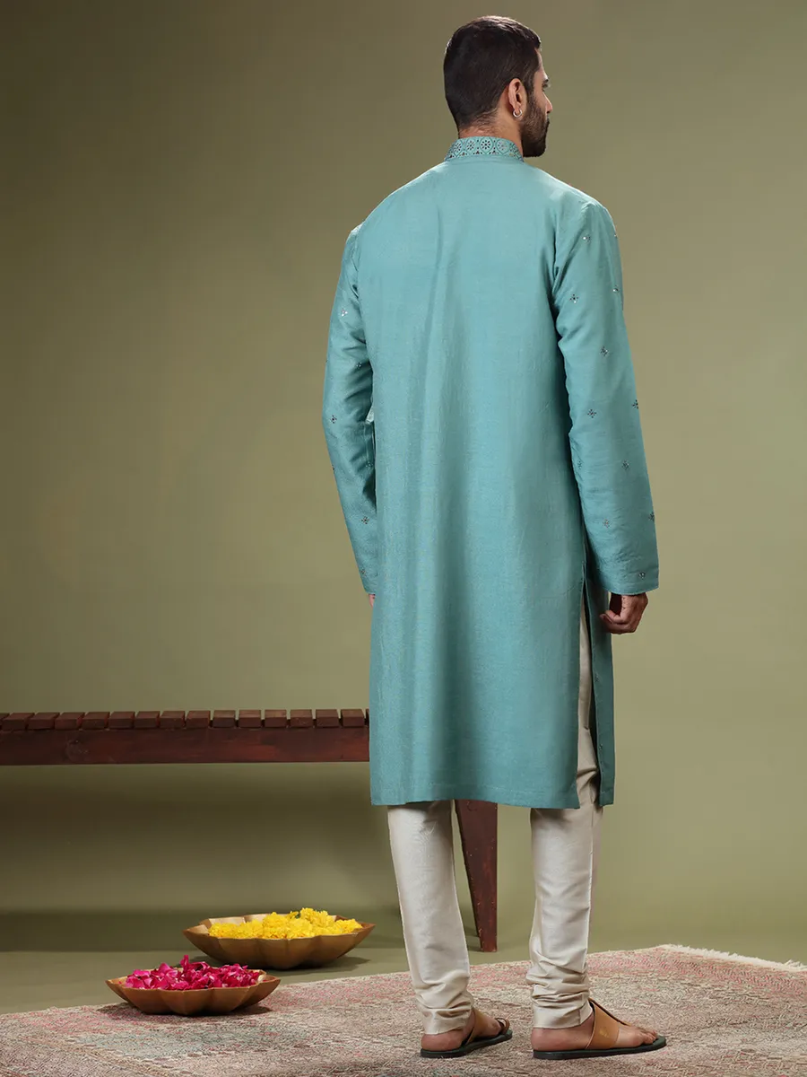 Stylish sea green silk  Men Kurta pajama for festive