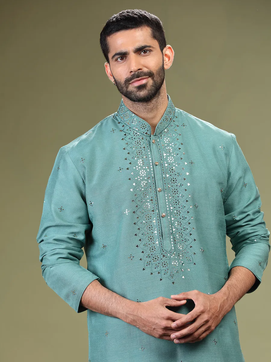 Stylish sea green silk  Men Kurta pajama for festive