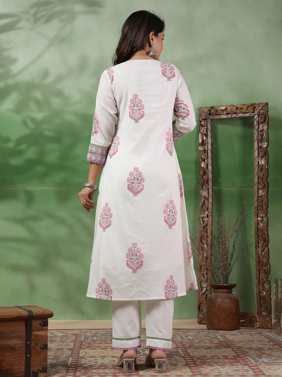 Stylish white and pink printed kurti set