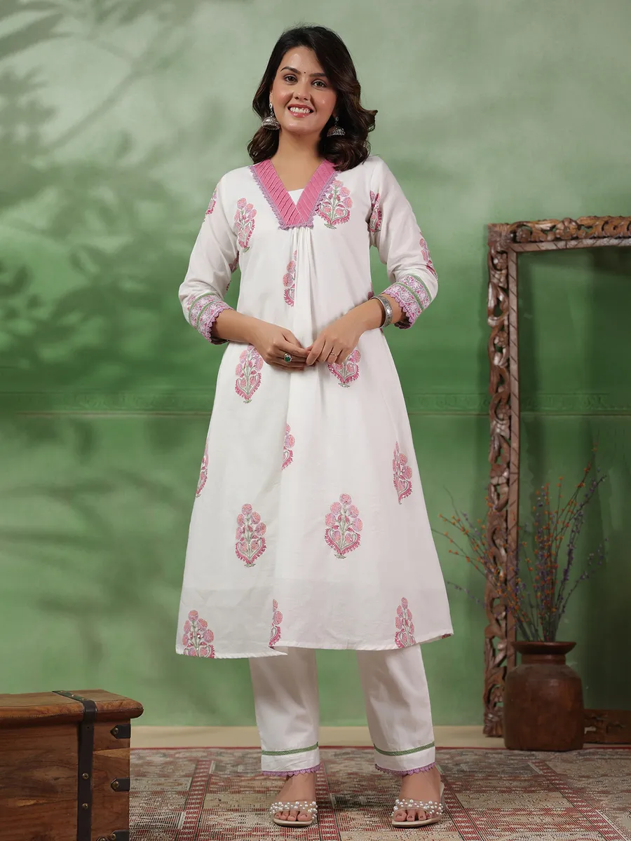 Stylish white and pink printed kurti set