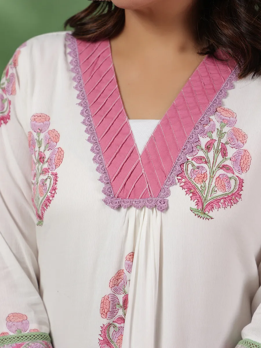 Stylish white and pink printed kurti set