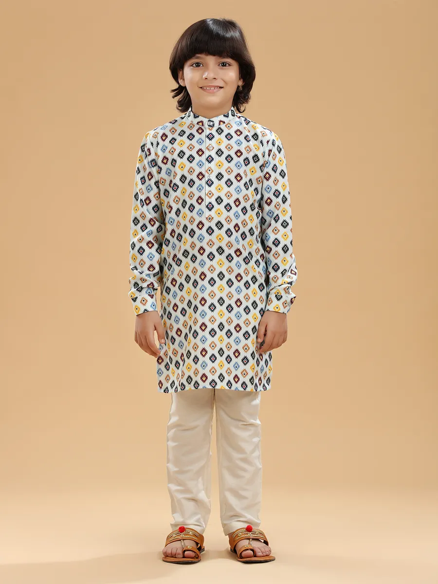 Stylish white cotton printed kurta suit