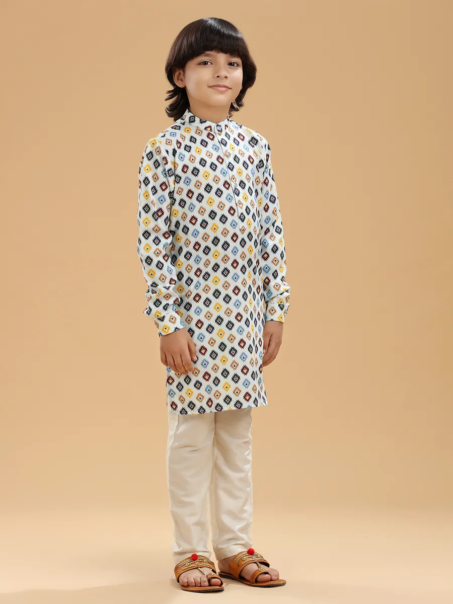 Stylish white cotton printed kurta suit