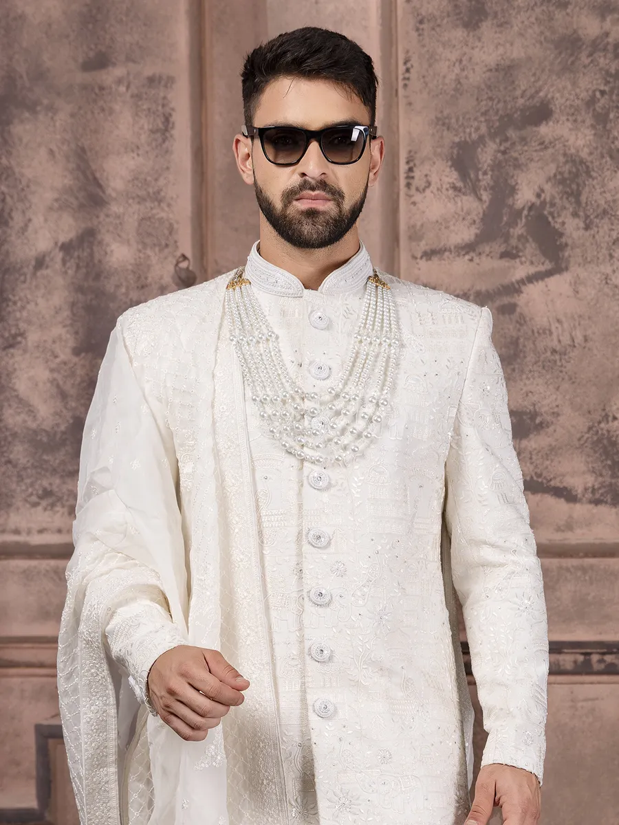 Stylish white silk sherwani
