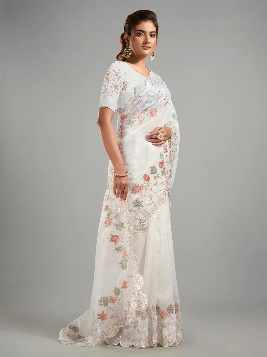 Stylish white tissue silk saree