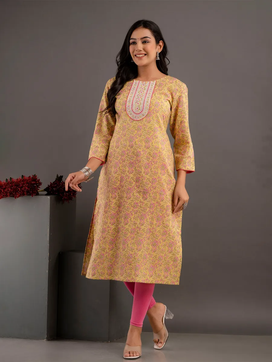 Stylish yellow printed cotton kurti