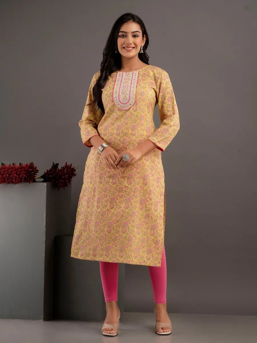 Stylish yellow printed cotton kurti