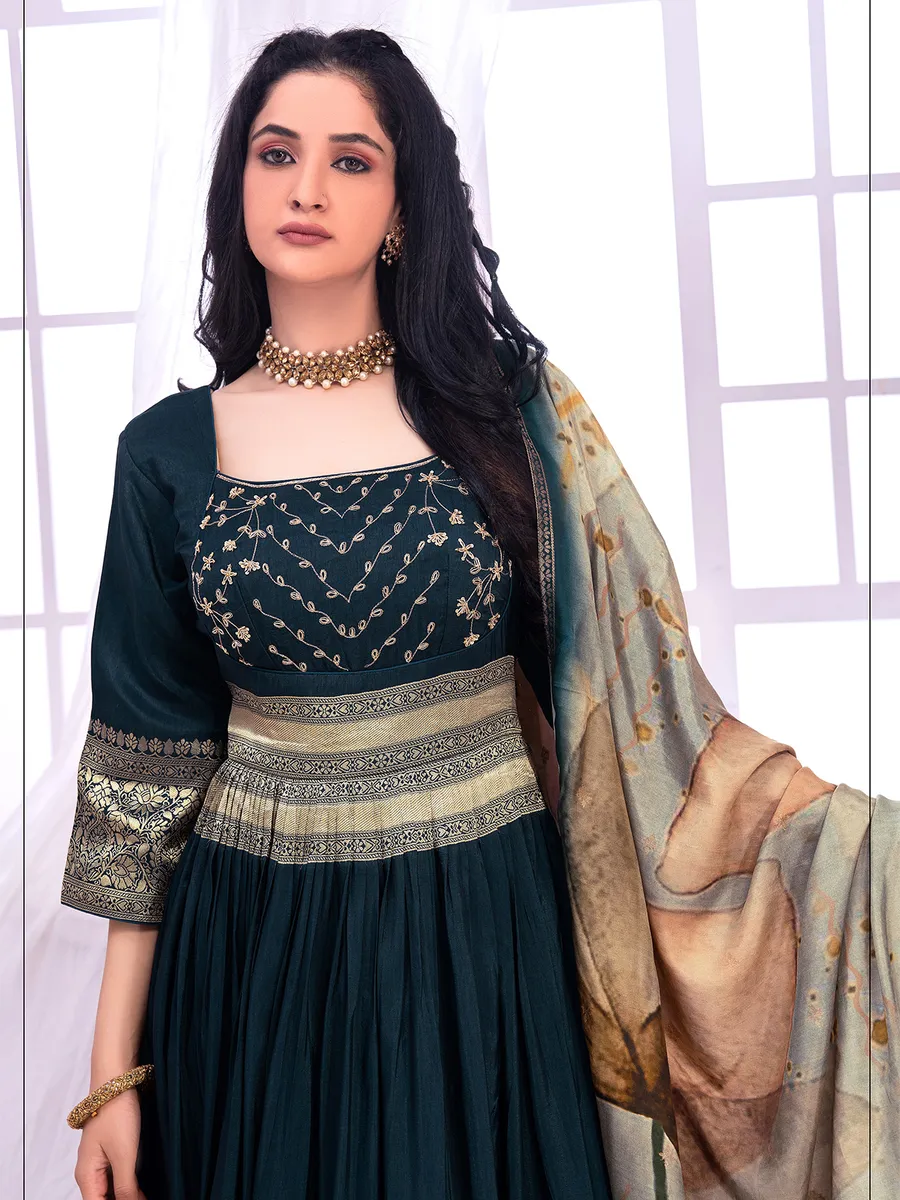 Teal blue banarasi silk anarkali suit