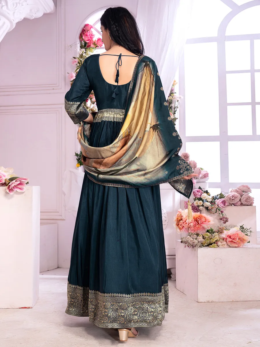 Teal blue banarasi silk anarkali suit