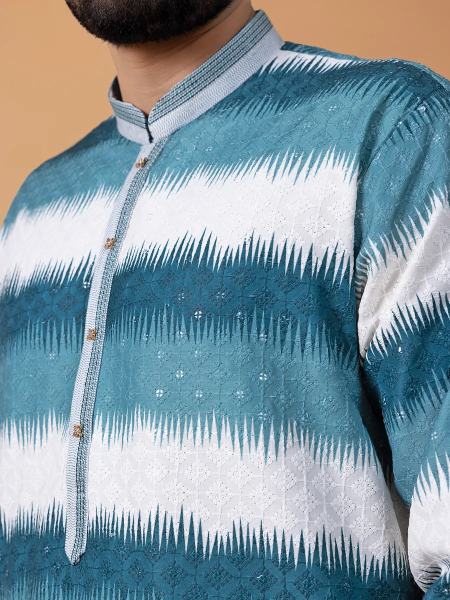 Teal blue printed embroidery kurta suit