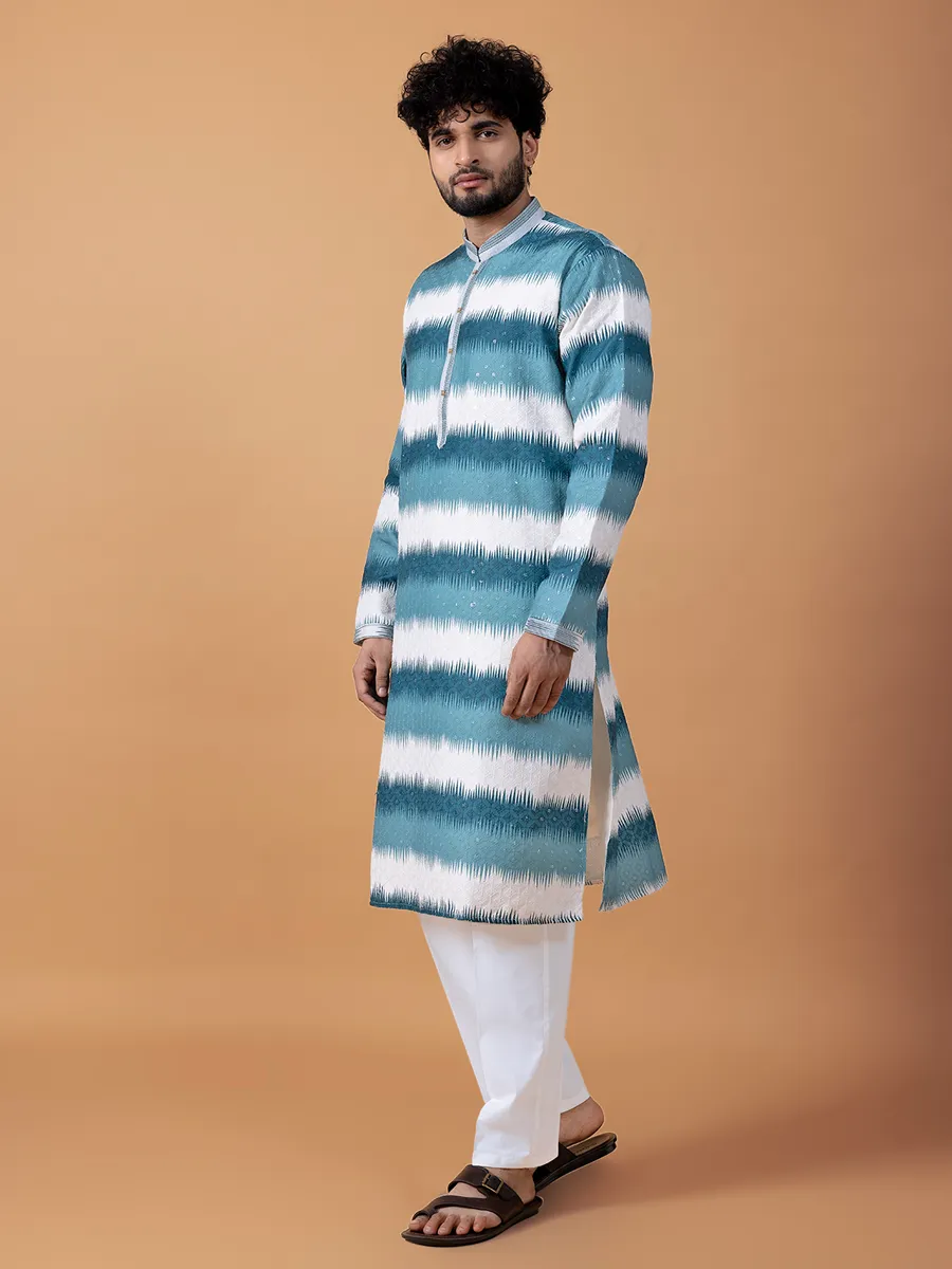 Teal blue printed embroidery kurta suit