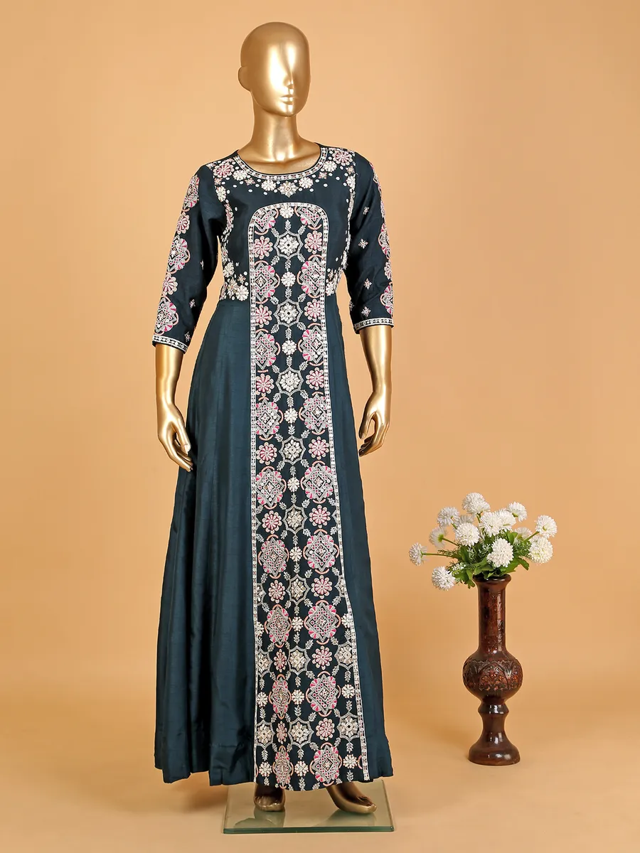 Teal blue raw silk floor-length suit