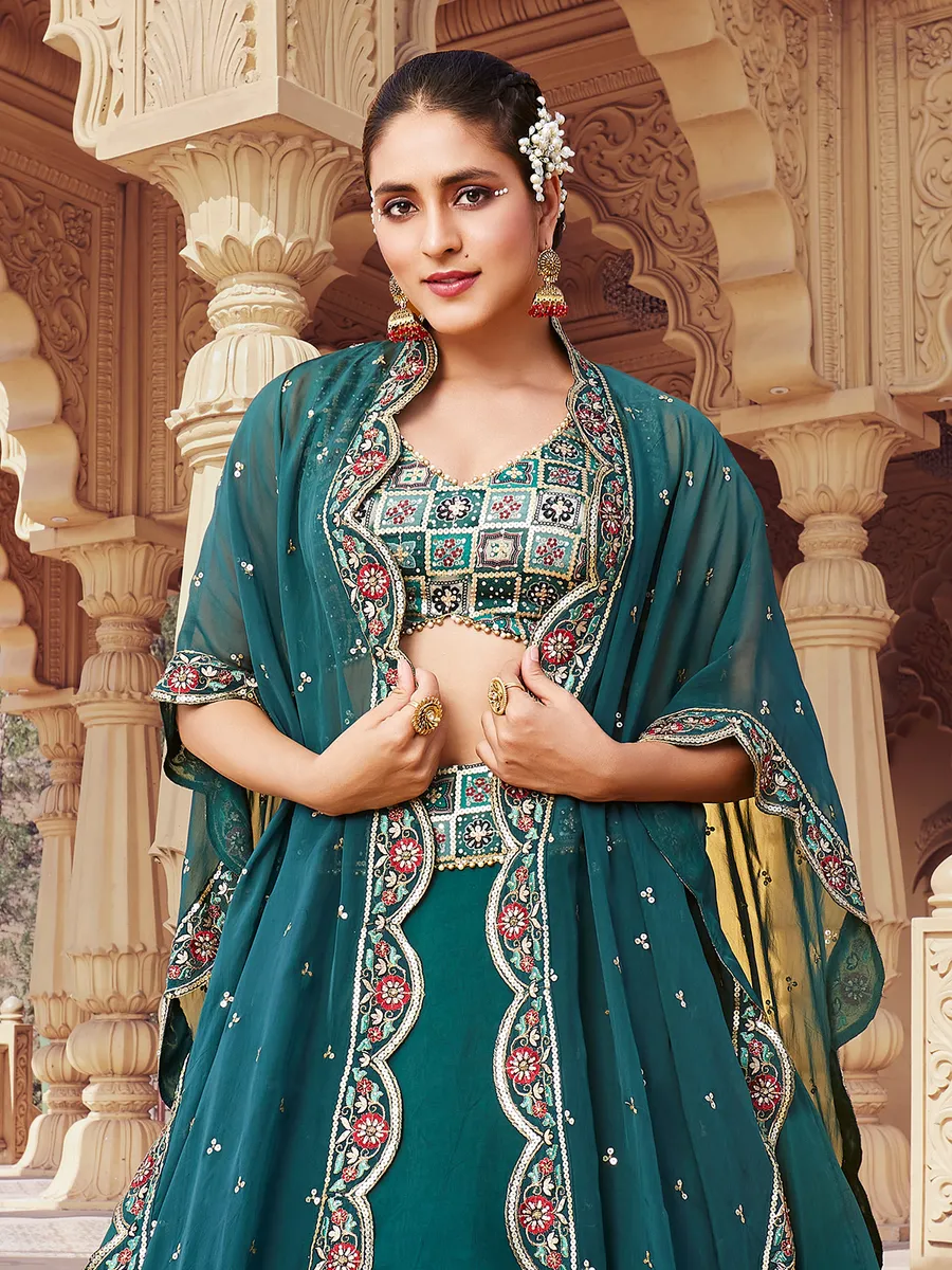 Teal green georgette printed lehenga choli