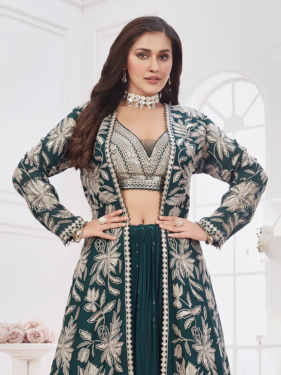 Teal green jacket style lehenga choli