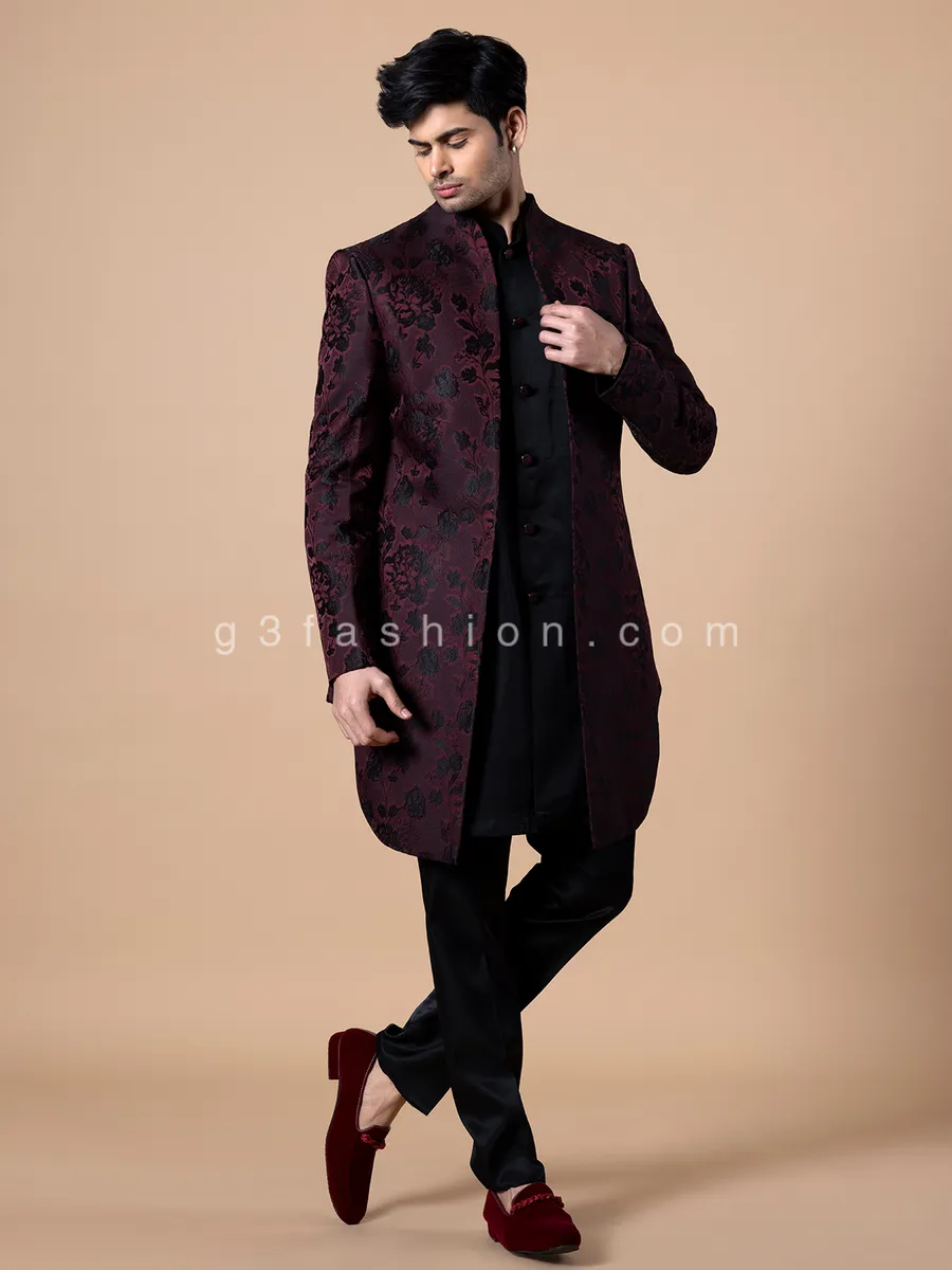 Silk wine indowestern with embroidery