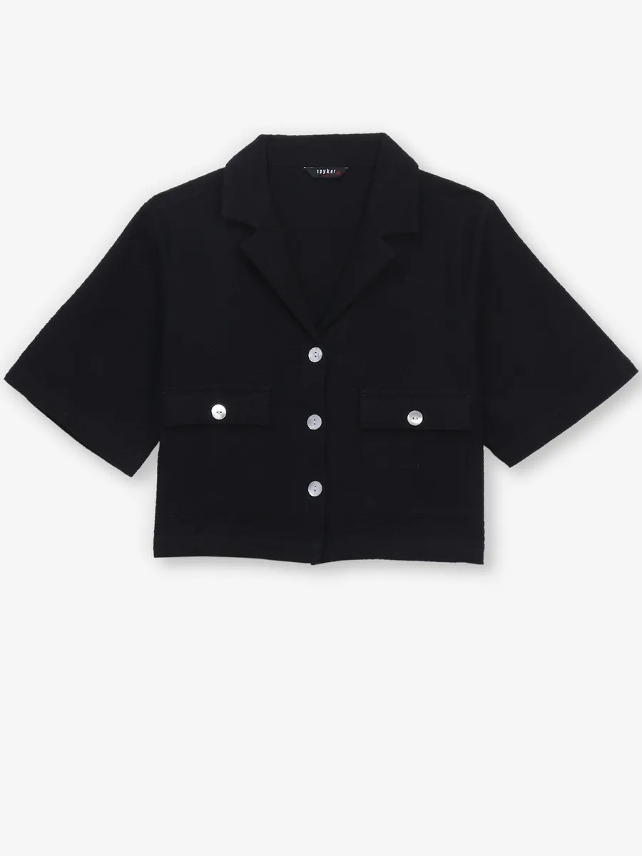 Textured black cotton crop shirt
