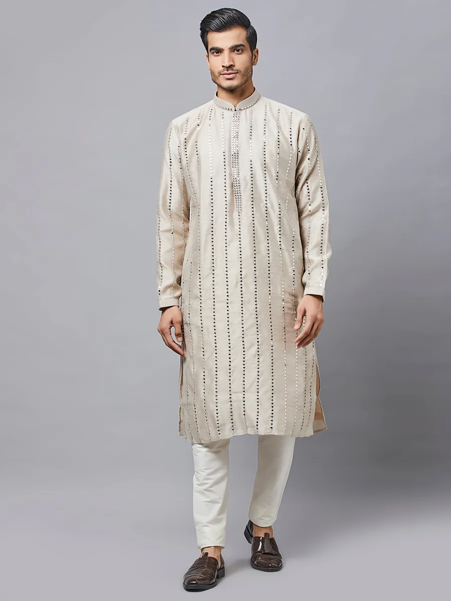 Thread work men beige silk kurta set