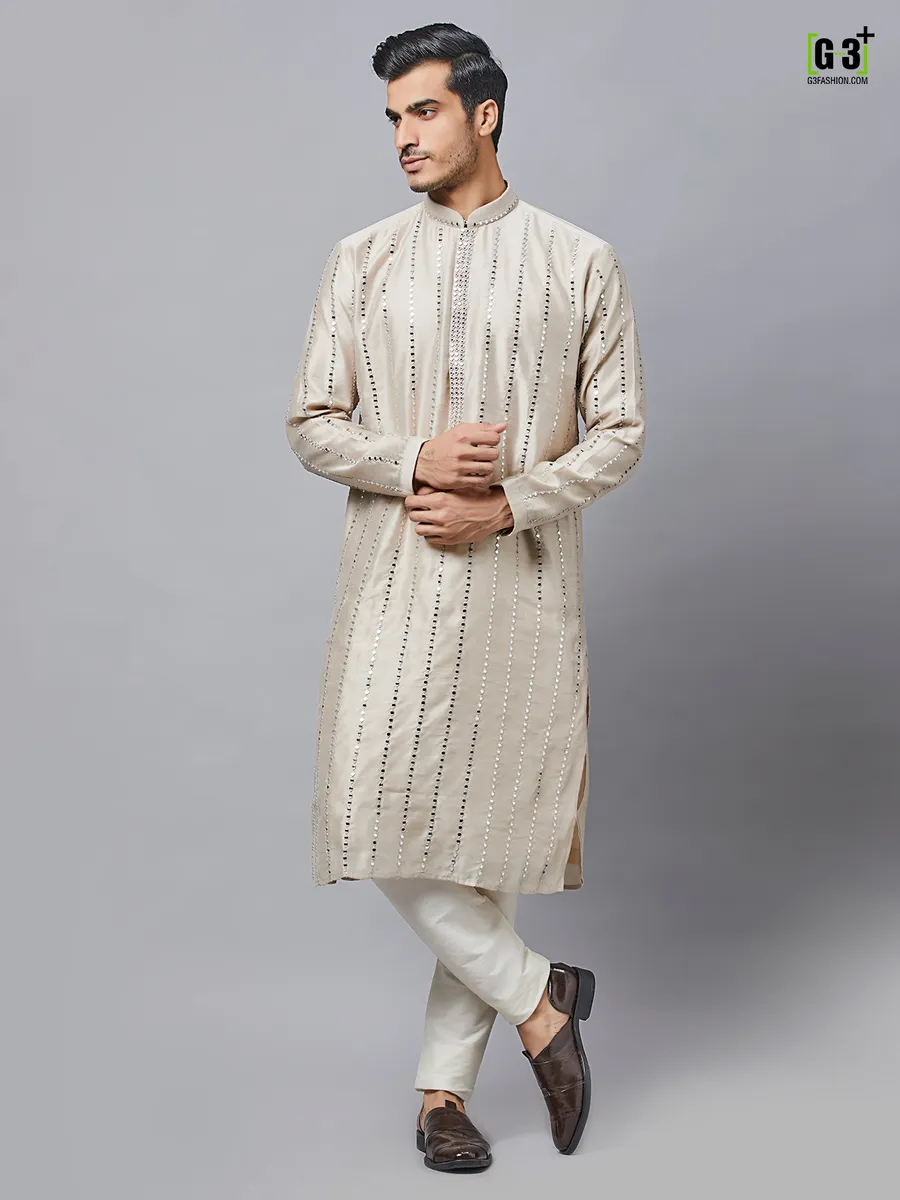 Thread work men beige silk kurta set