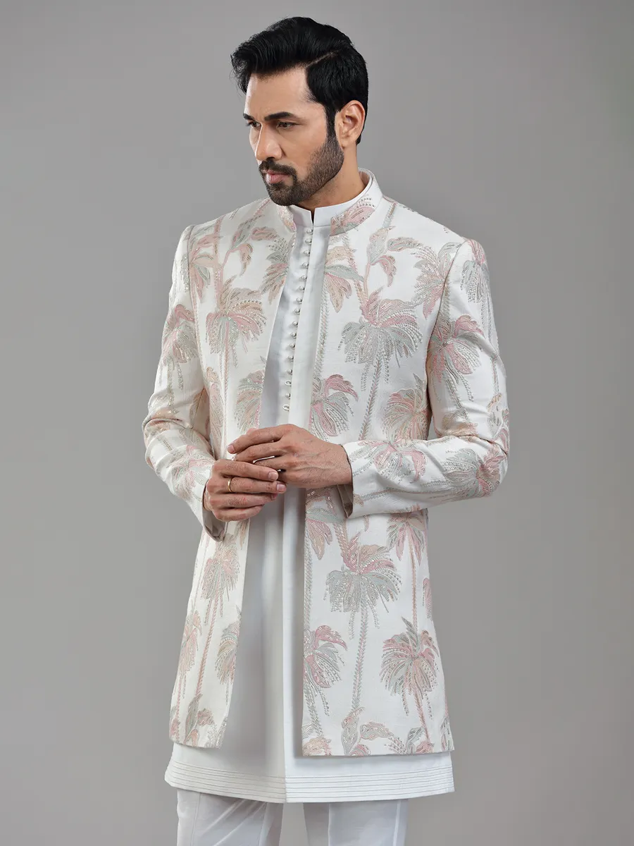 Timeless cream silk jacket style indowestern with delicate works
