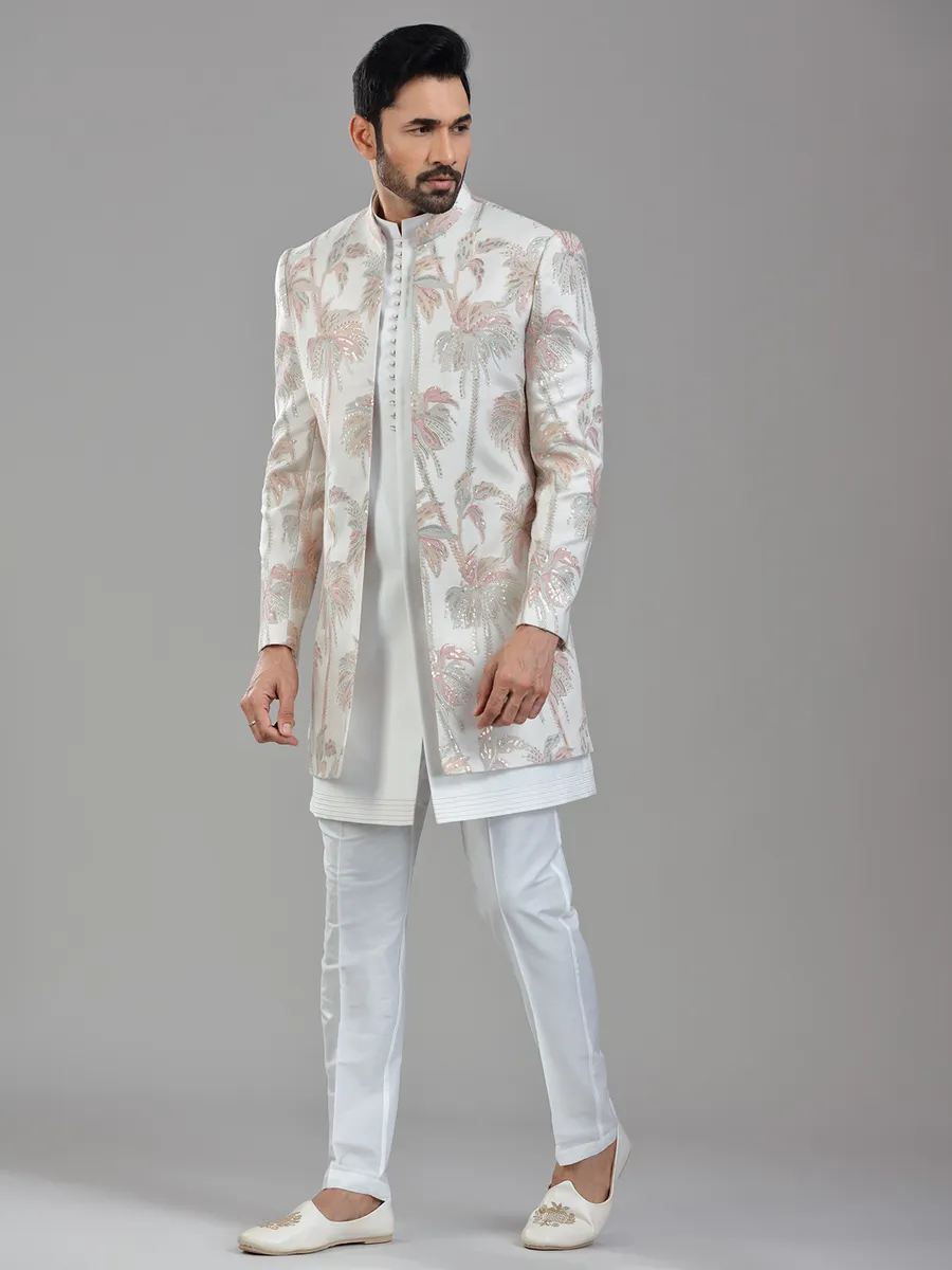 Timeless cream silk jacket style indowestern with delicate works