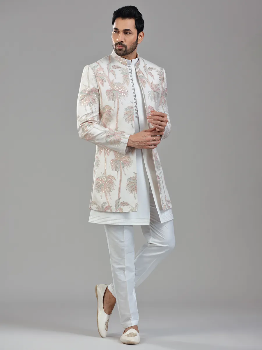 Timeless cream silk jacket style indowestern with delicate works