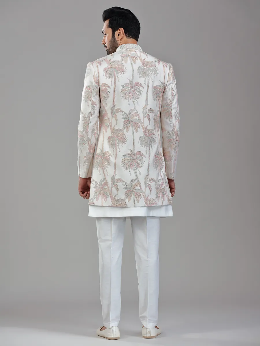 Timeless cream silk jacket style indowestern with delicate works