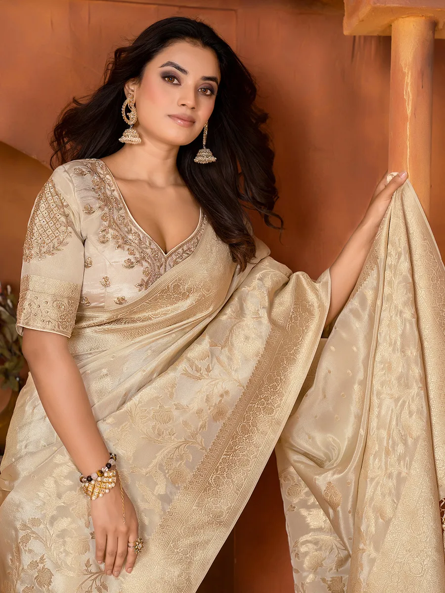 Tissue silk cream saree for wedding