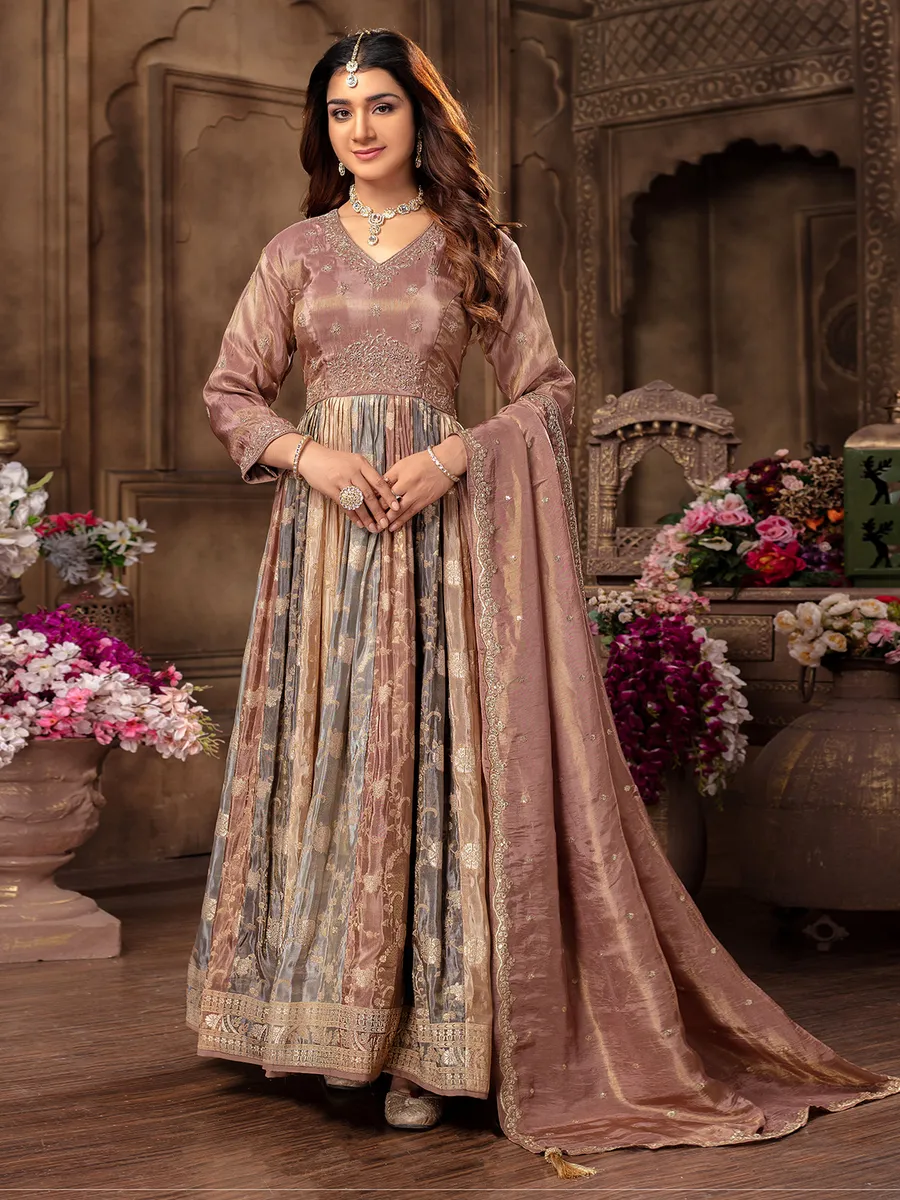 Tissue silk onion pink anarkali suit