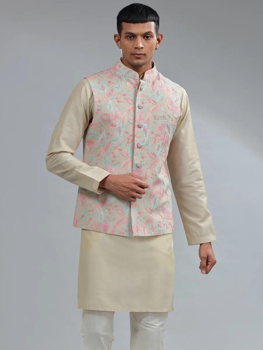 Traditional beige silk waistcoat set for wedding
