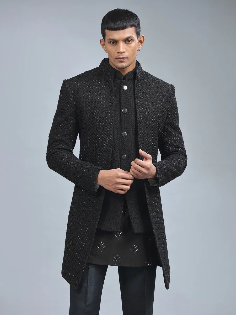 Traditional black terry rayon indowestern