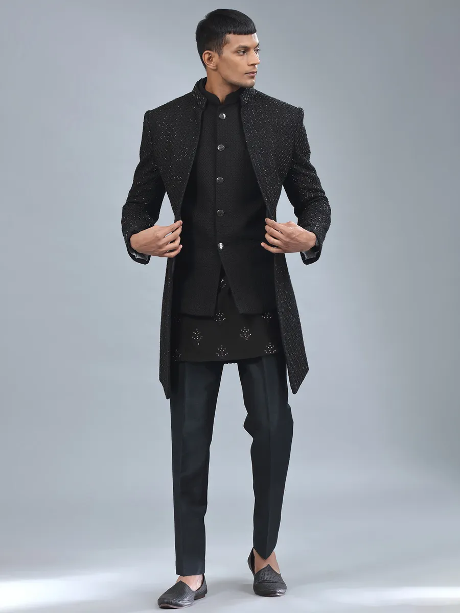 Traditional black terry rayon indowestern