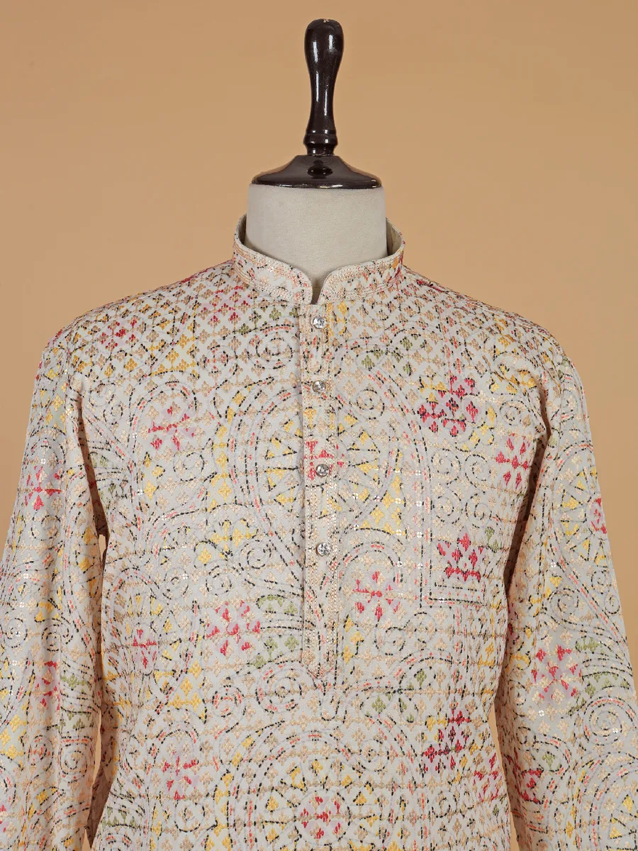 Traditional cream kurta suit with multicolor thread design
